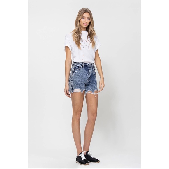 Nora Super High Rise Distressed Acid Wash Shorts - Picture 6 of 13